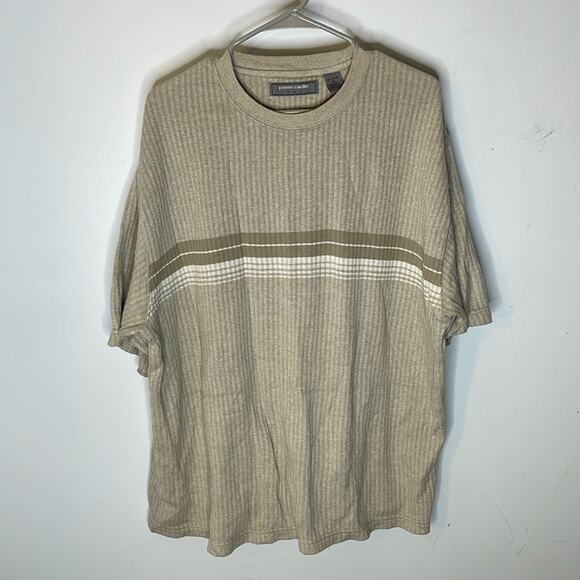 PIERRE CARDIN Tan and White Ribbed Crew Neck Cotton Short Sleeve Shirt XL - Picture 1 of 6